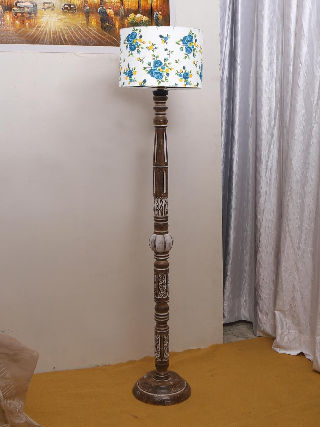 Printed Cotton Drum Wooden Floor Lamp -13-(12x56.7inches)