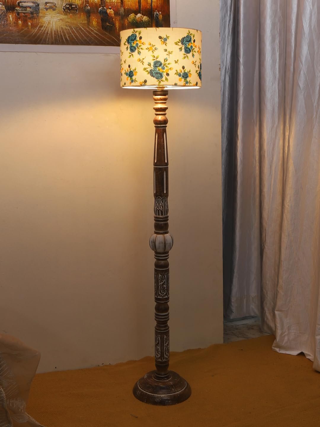 Printed Cotton Drum Wooden Floor Lamp -13-(12x56.7inches)