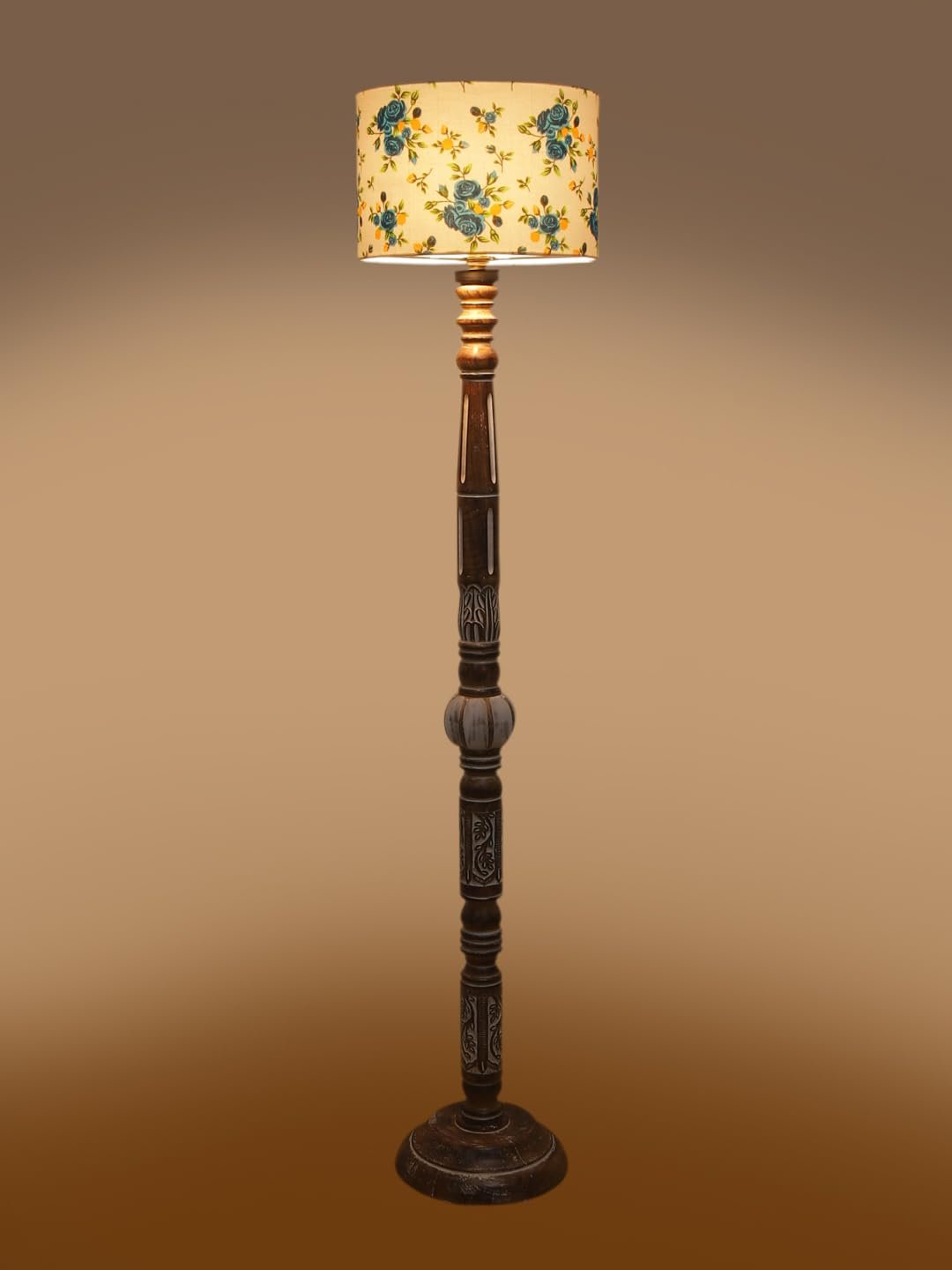 Printed Cotton Drum Wooden Floor Lamp -13-(12x56.7inches)