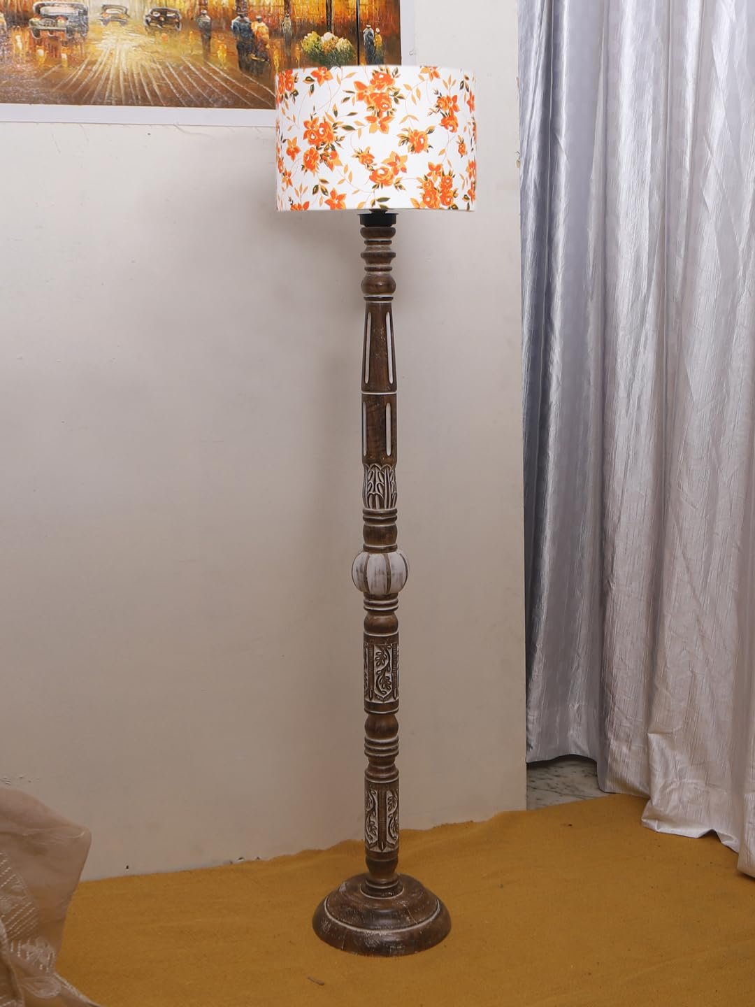 Printed Cotton Drum Wooden Floor Lamp -14 (12x56.7inches)