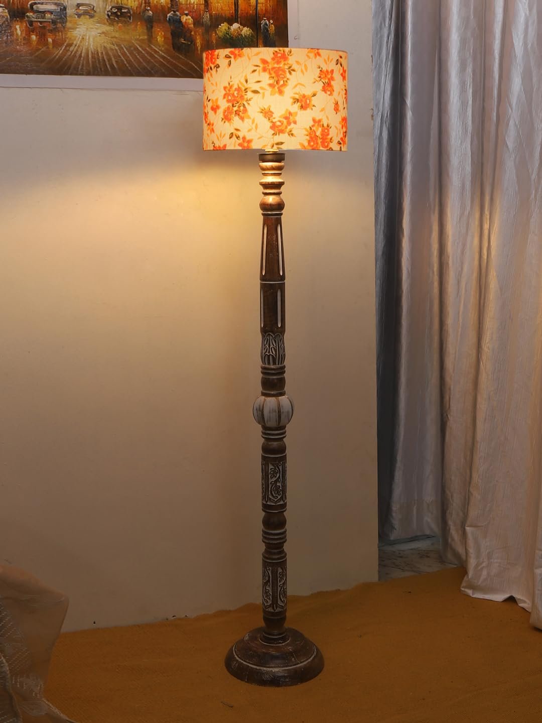 Printed Cotton Drum Wooden Floor Lamp -14 (12x56.7inches)