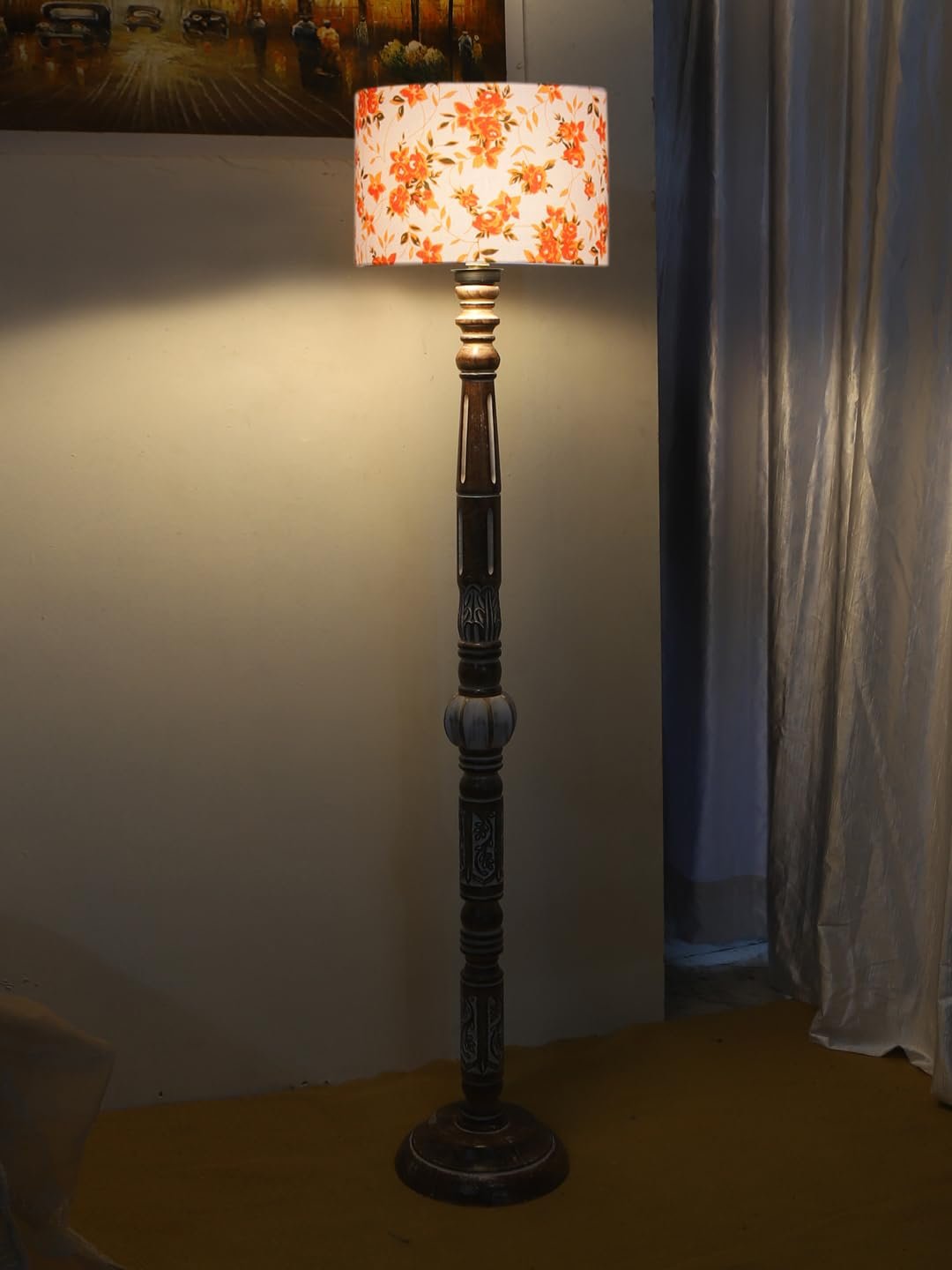 Printed Cotton Drum Wooden Floor Lamp -14 (12x56.7inches)