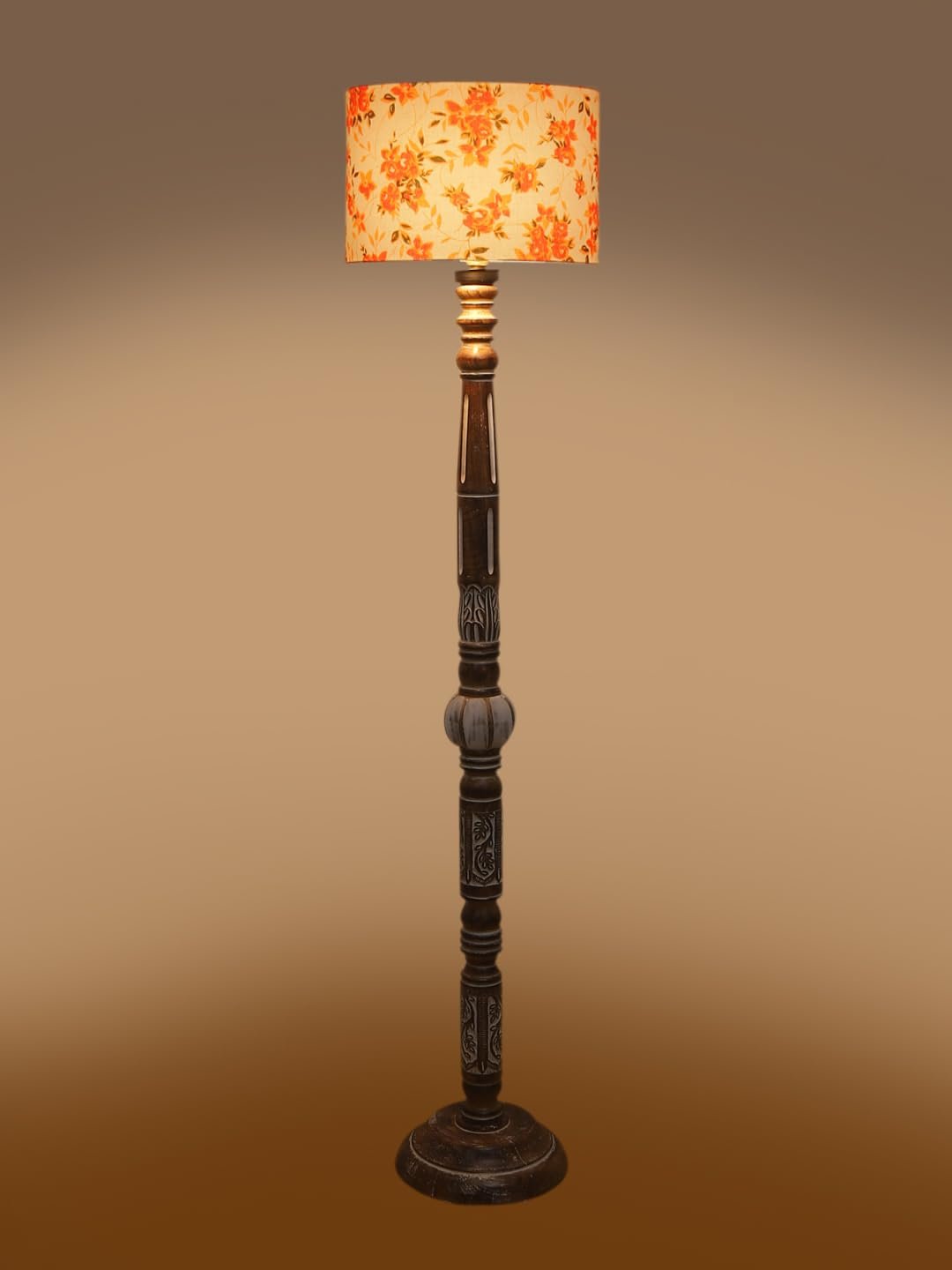 Printed Cotton Drum Wooden Floor Lamp -14 (12x56.7inches)