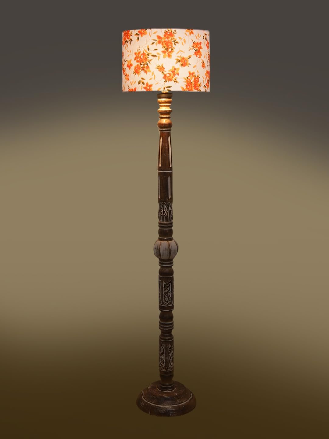 Printed Cotton Drum Wooden Floor Lamp -14 (12x56.7inches)