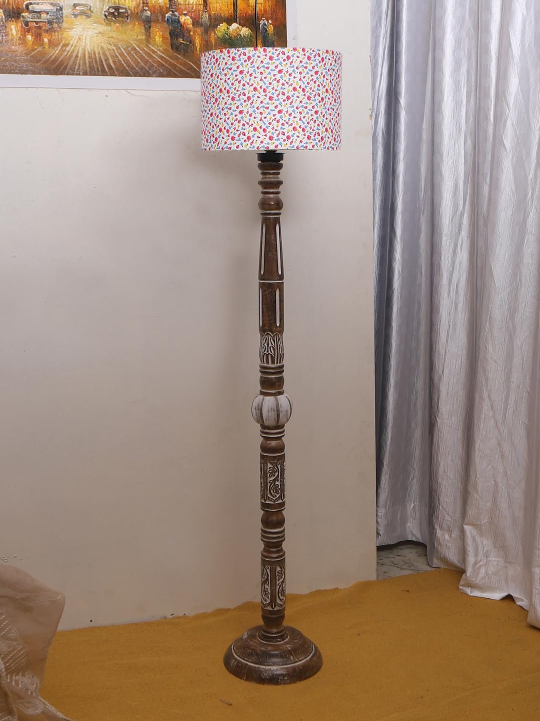 Printed Cotton Drum Wooden Floor Lamp -15 (12x56.7inches)