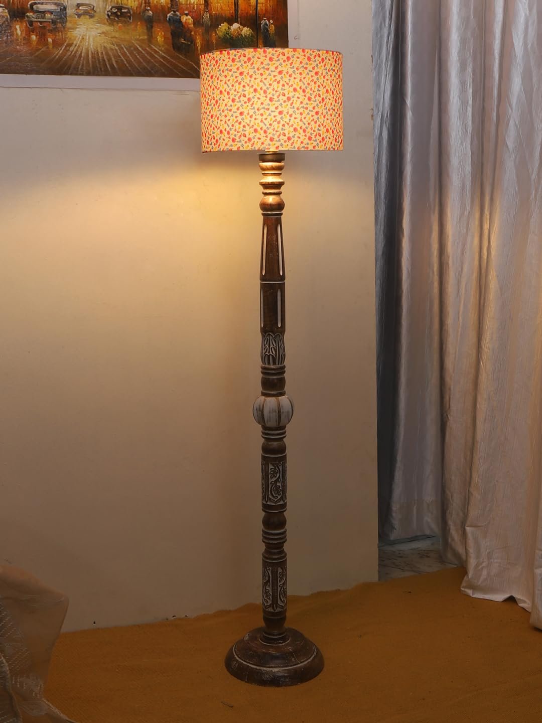 Printed Cotton Drum Wooden Floor Lamp -15 (12x56.7inches)
