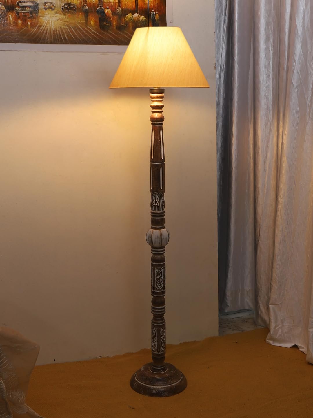Off-White Cotton Conical Wooden Floor Lamp -20(14x55.75inches)