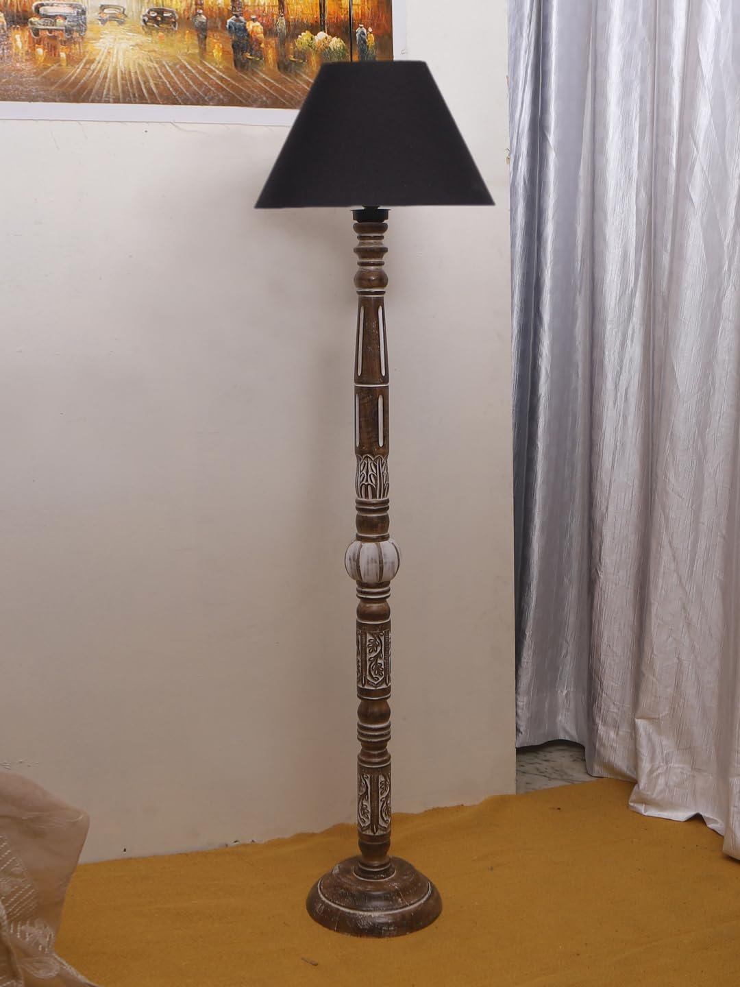 Black Cotton Conical Wooden Floor Lamp -21 (14x55.75inches)