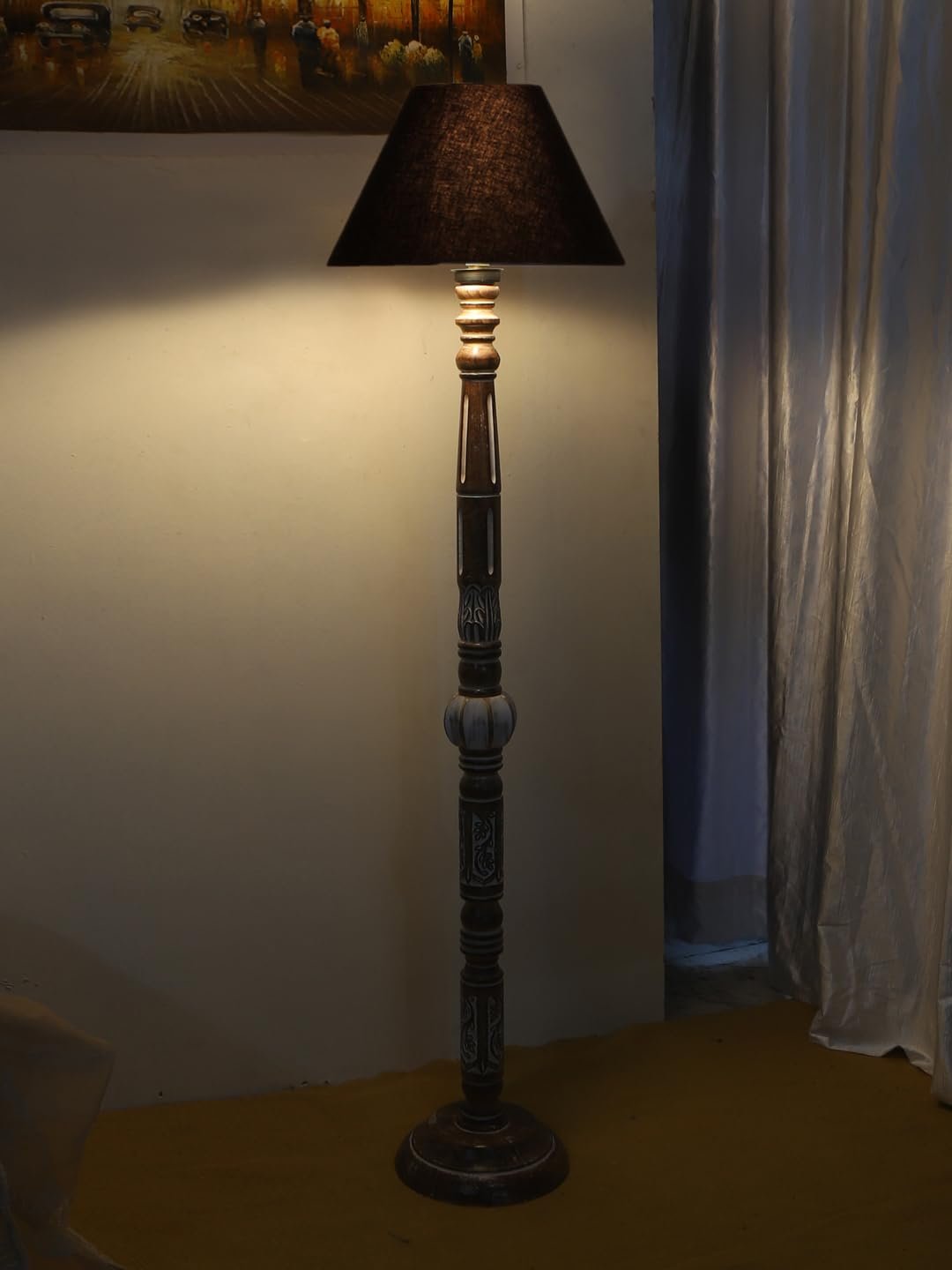 Black Cotton Conical Wooden Floor Lamp -21 (14x55.75inches)