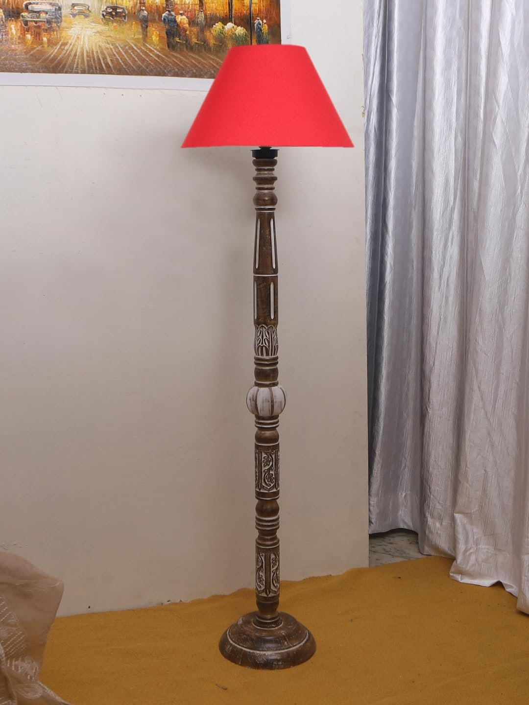 Red Cotton Conical Wooden Floor Lamp -22-(14x55.75inches)