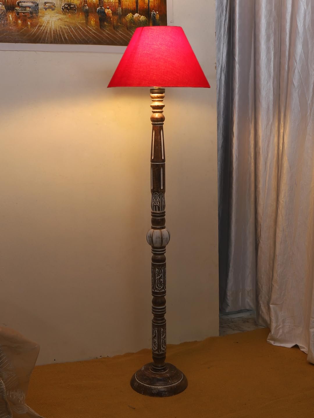 Red Cotton Conical Wooden Floor Lamp -22-(14x55.75inches)