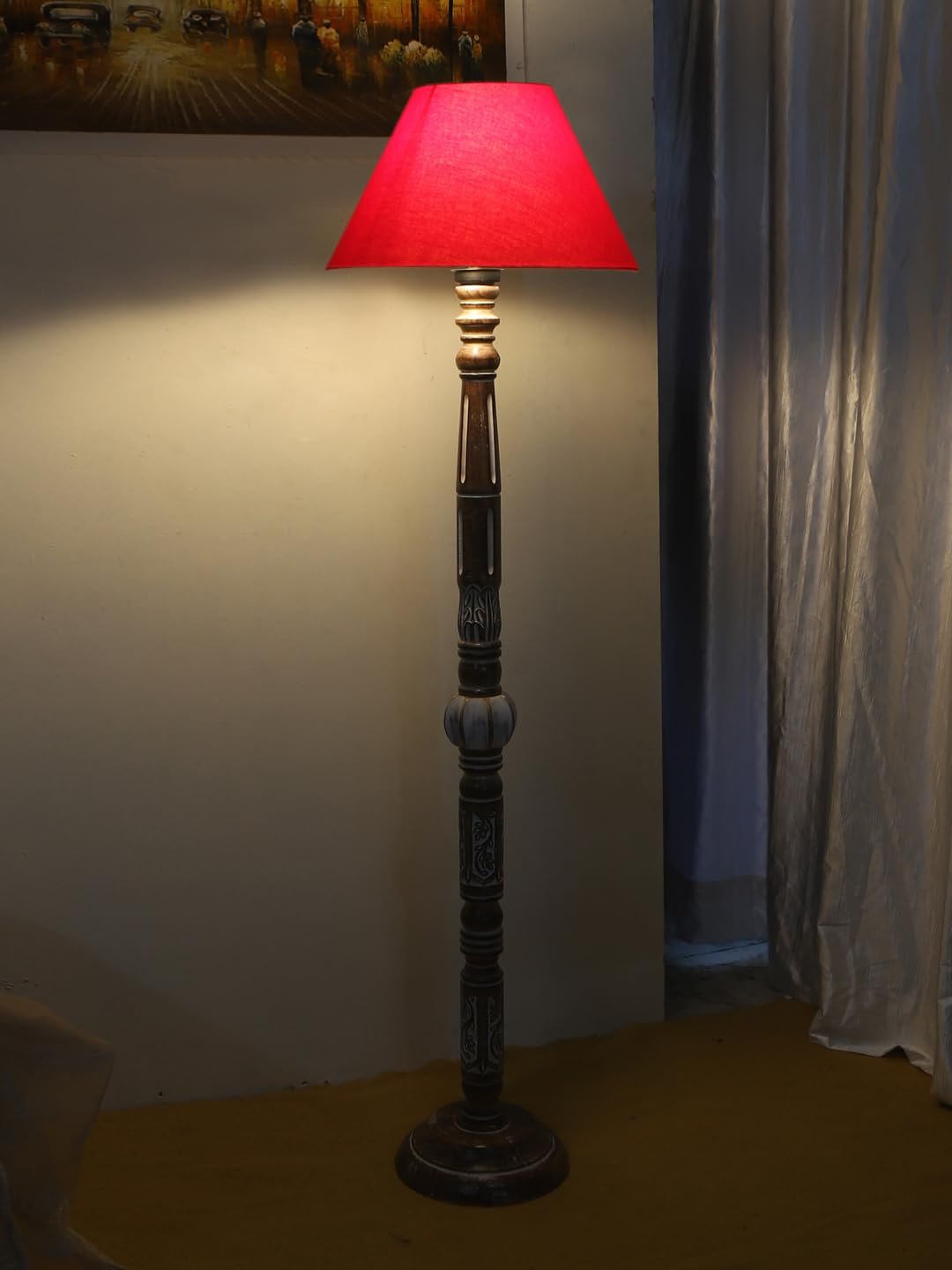 Red Cotton Conical Wooden Floor Lamp -22-(14x55.75inches)