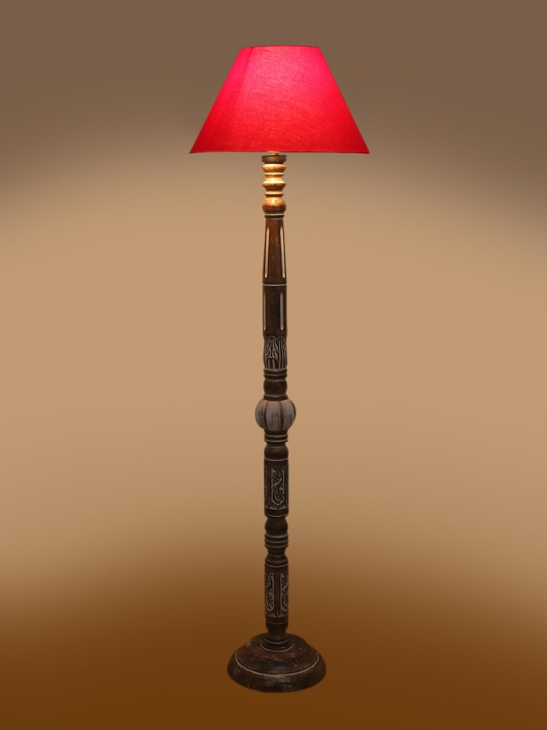 Red Cotton Conical Wooden Floor Lamp -22-(14x55.75inches)