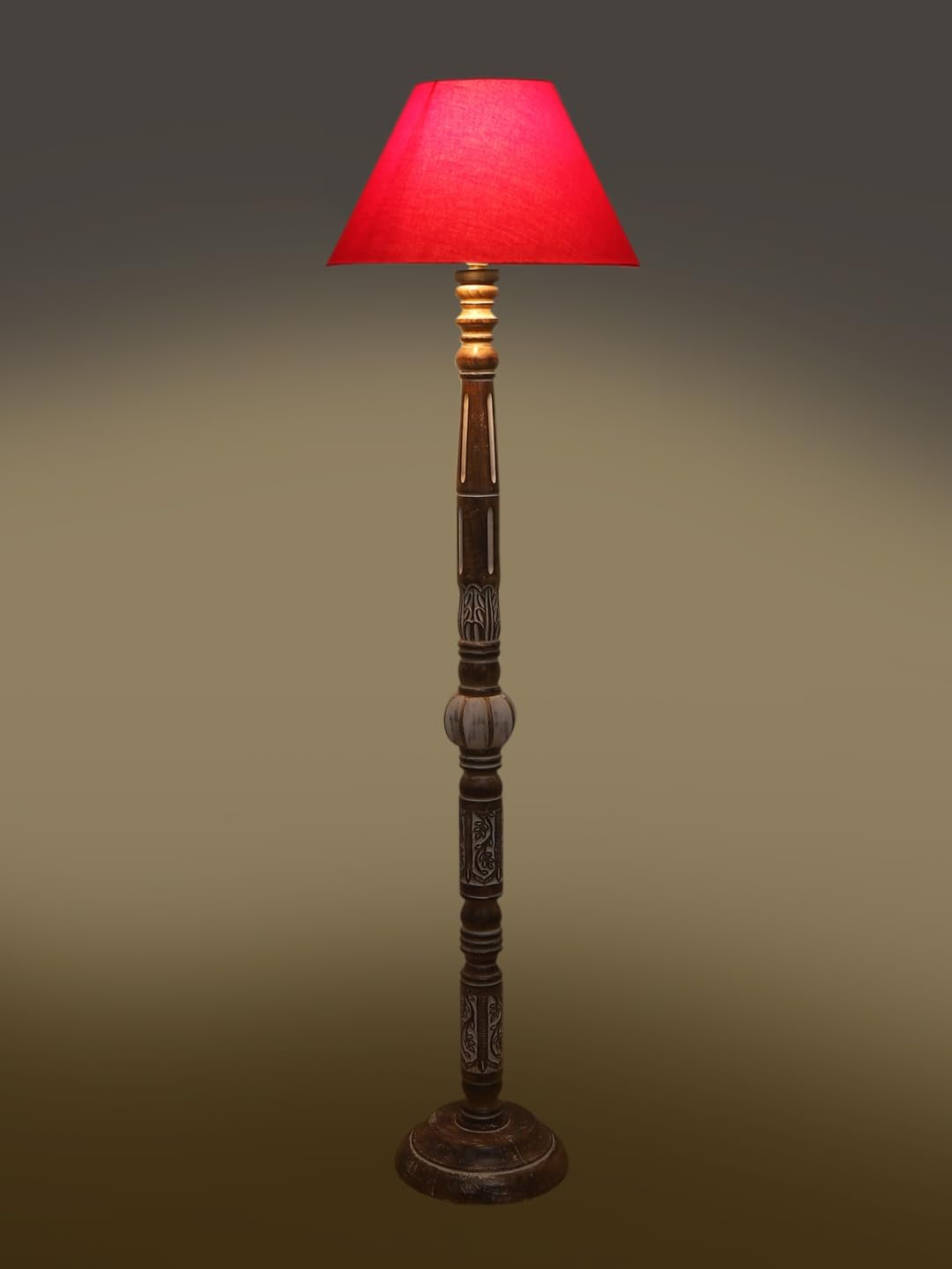 Red Cotton Conical Wooden Floor Lamp -22-(14x55.75inches)