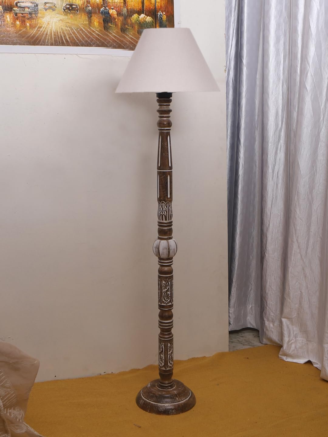 Grey Cotton Conical Wooden Floor Lamp -25-(14x55.75inches)