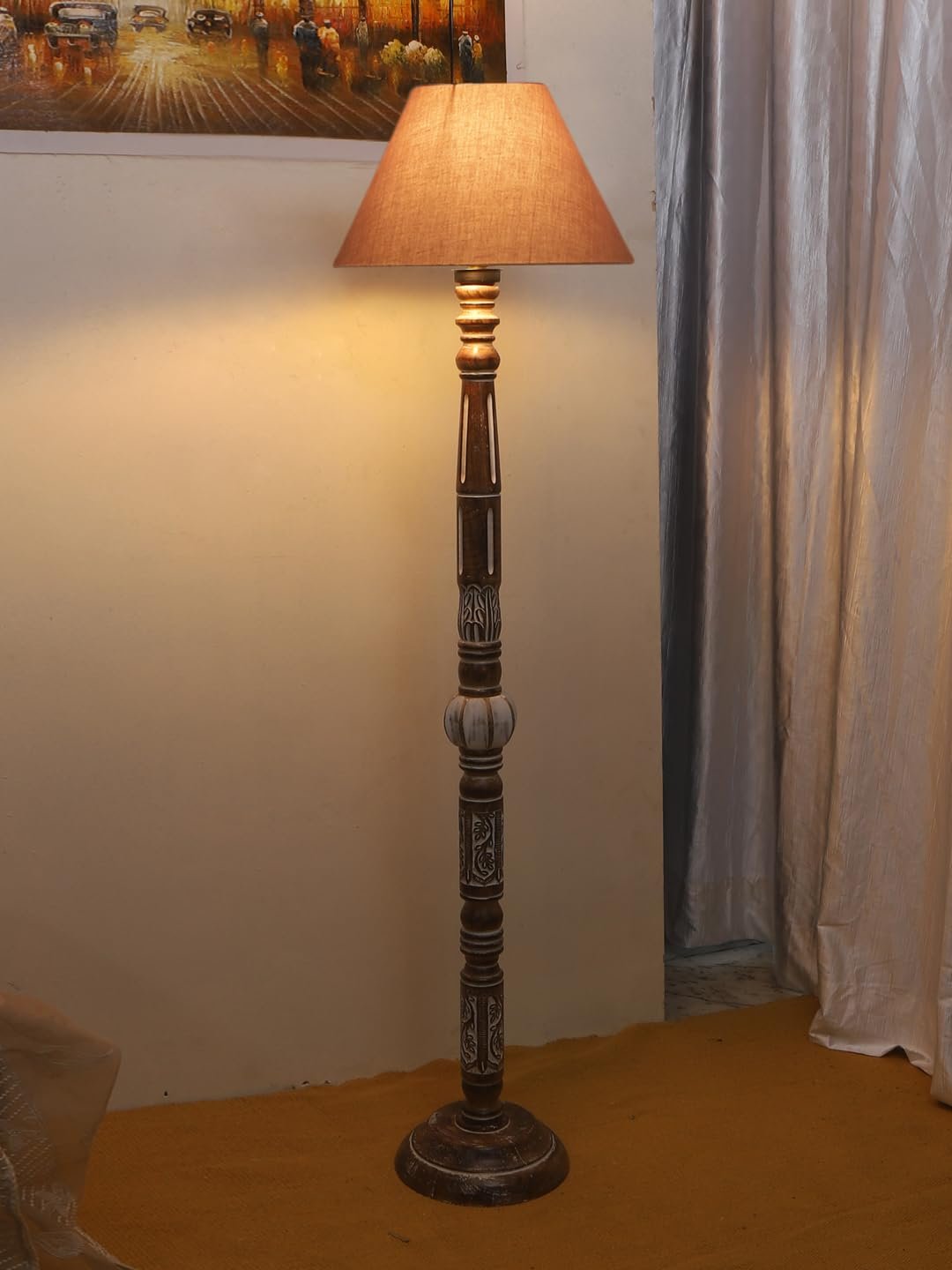 Grey Cotton Conical Wooden Floor Lamp -25-(14x55.75inches)