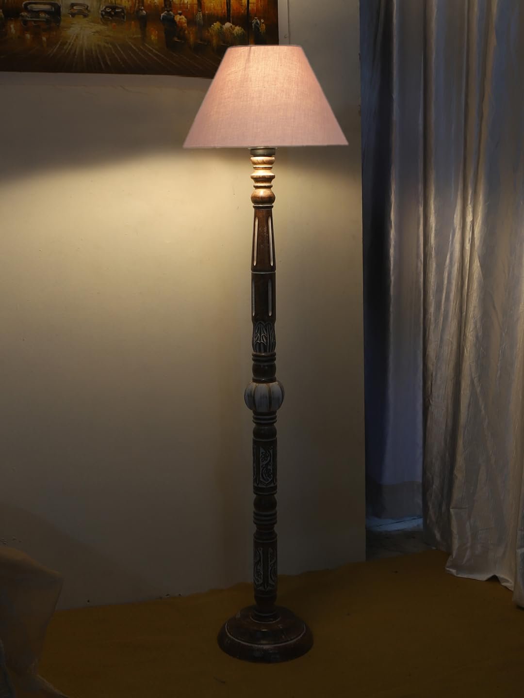 Grey Cotton Conical Wooden Floor Lamp -25-(14x55.75inches)