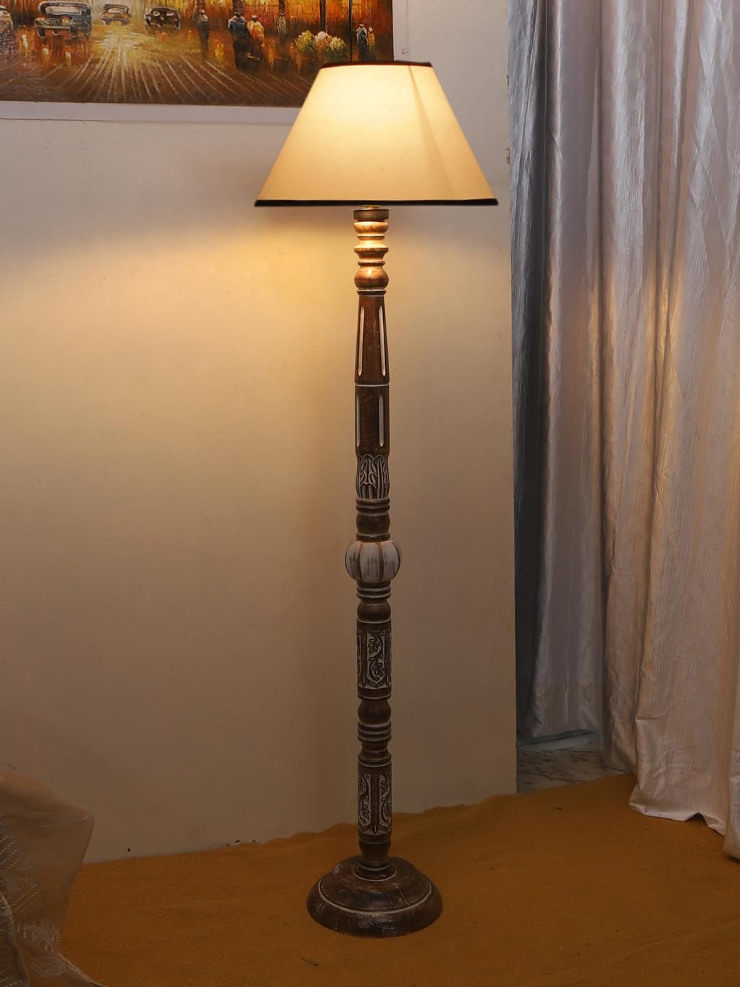 White & Black Cotton Conical Wooden Floor Lamp -26-(14x55.75inches)