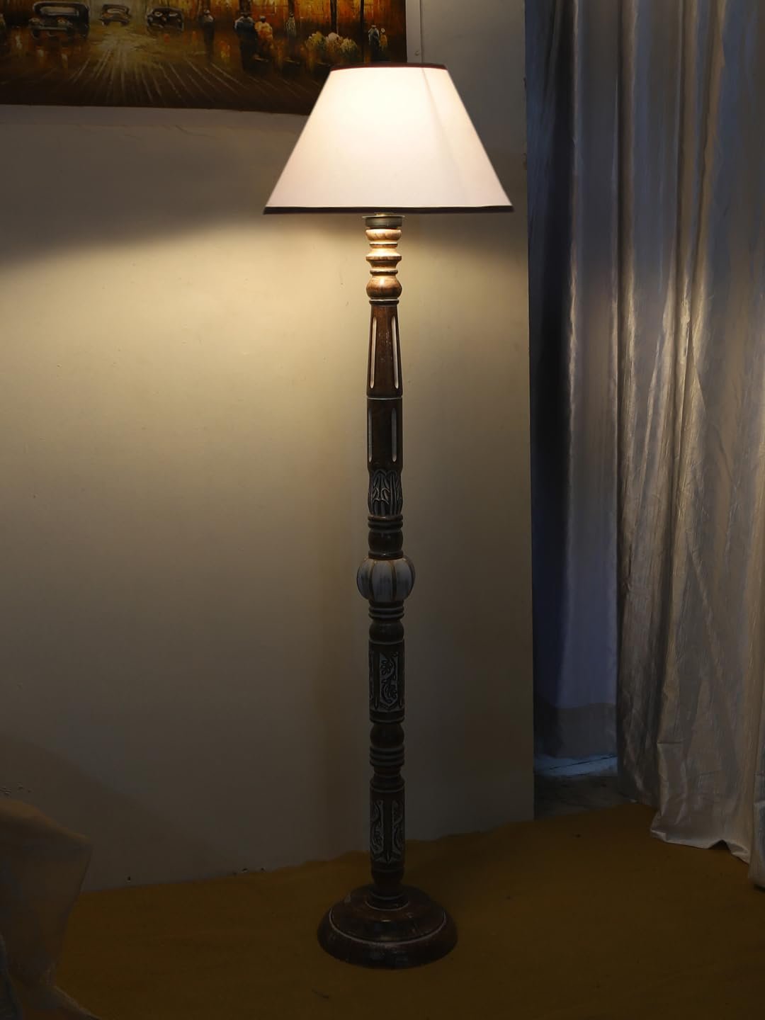 White & Black Cotton Conical Wooden Floor Lamp -26-(14x55.75inches)