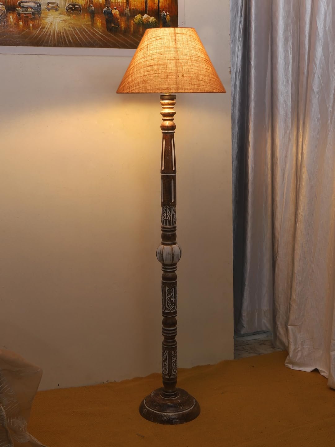 Beige Jute Conical Wooden Floor Lamp -27-(14x55.75inches)