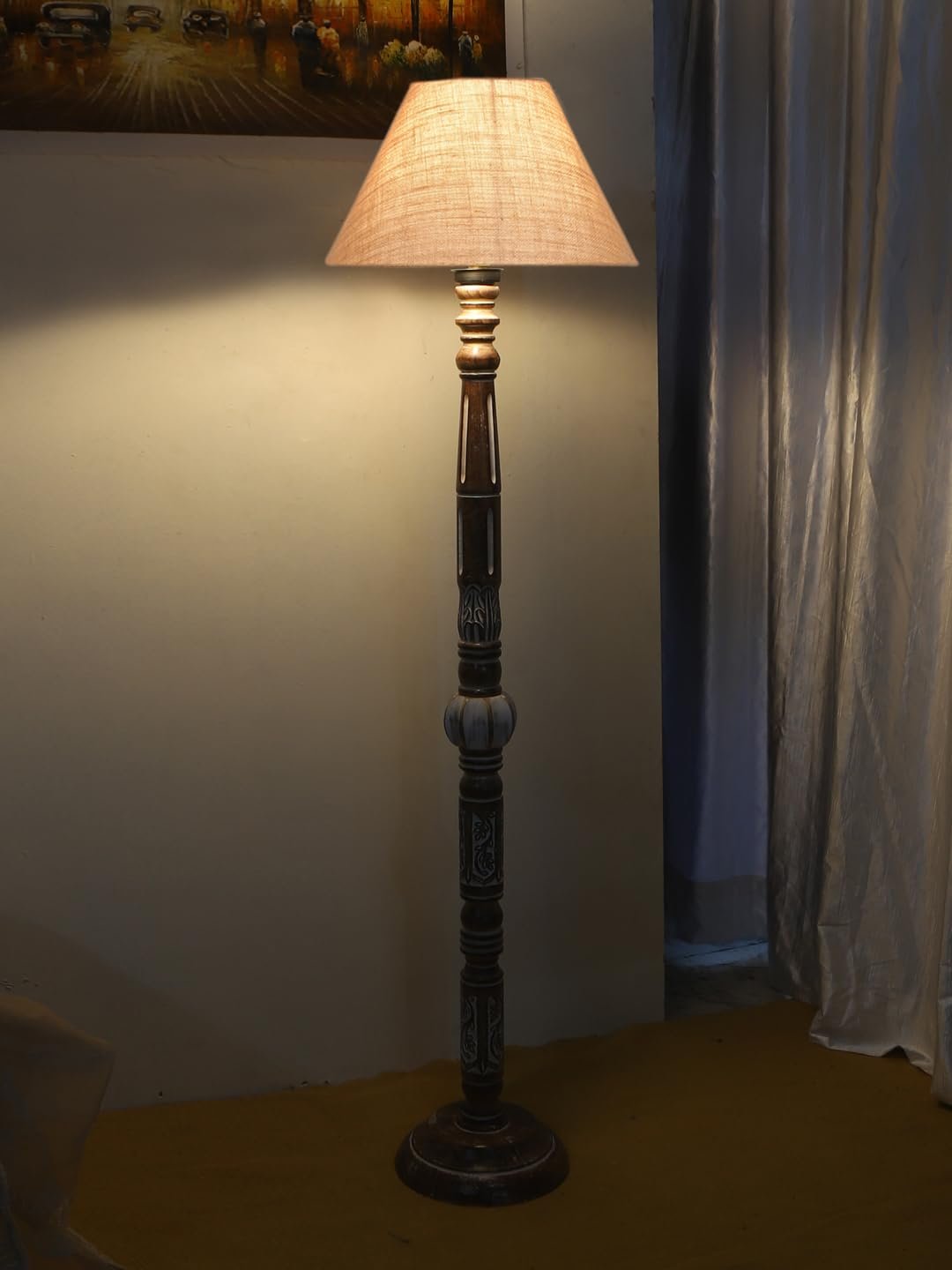 Beige Jute Conical Wooden Floor Lamp -27-(14x55.75inches)