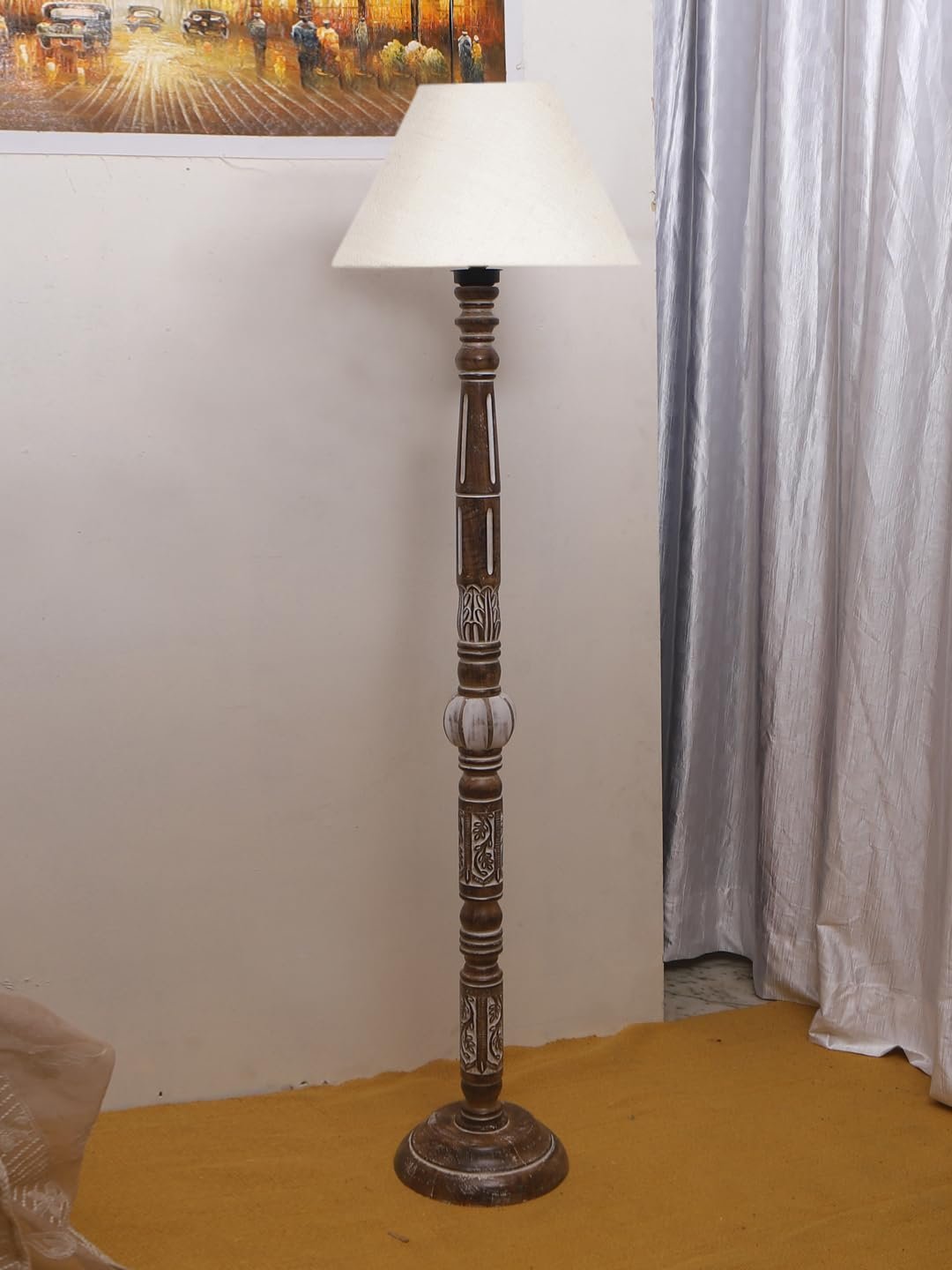 White Jute Conical Wooden Floor Lamp -28-(14x55.75inches)