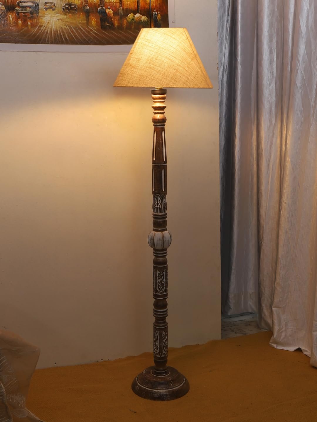 White Jute Conical Wooden Floor Lamp -28-(14x55.75inches)