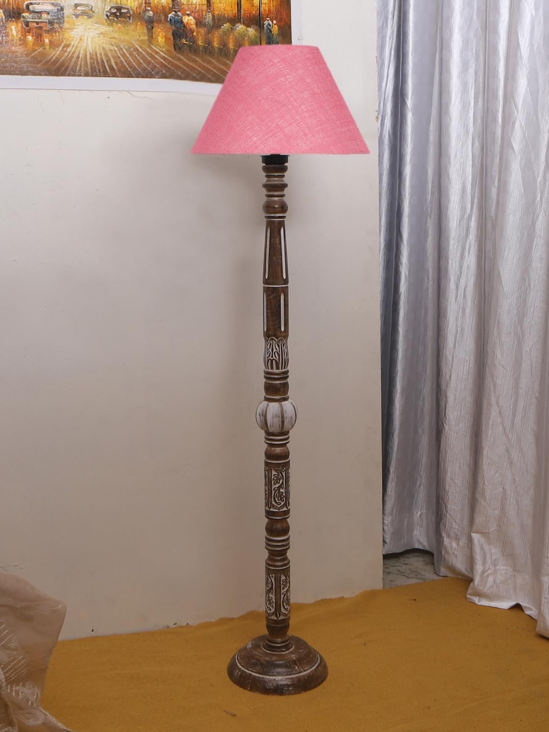 Pink Jute Conical Wooden Floor Lamp -29-(14x55.75inches)