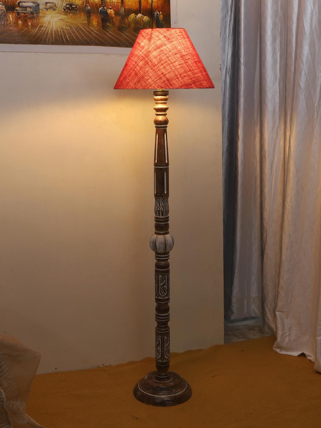 Pink Jute Conical Wooden Floor Lamp -29-(14x55.75inches)