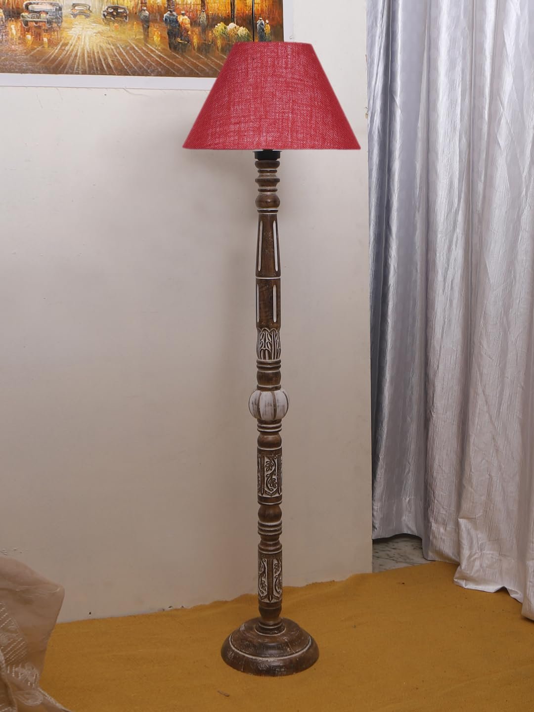 Maroon Jute Conical Wooden Floor Lamp -30-(14x55.75inches)