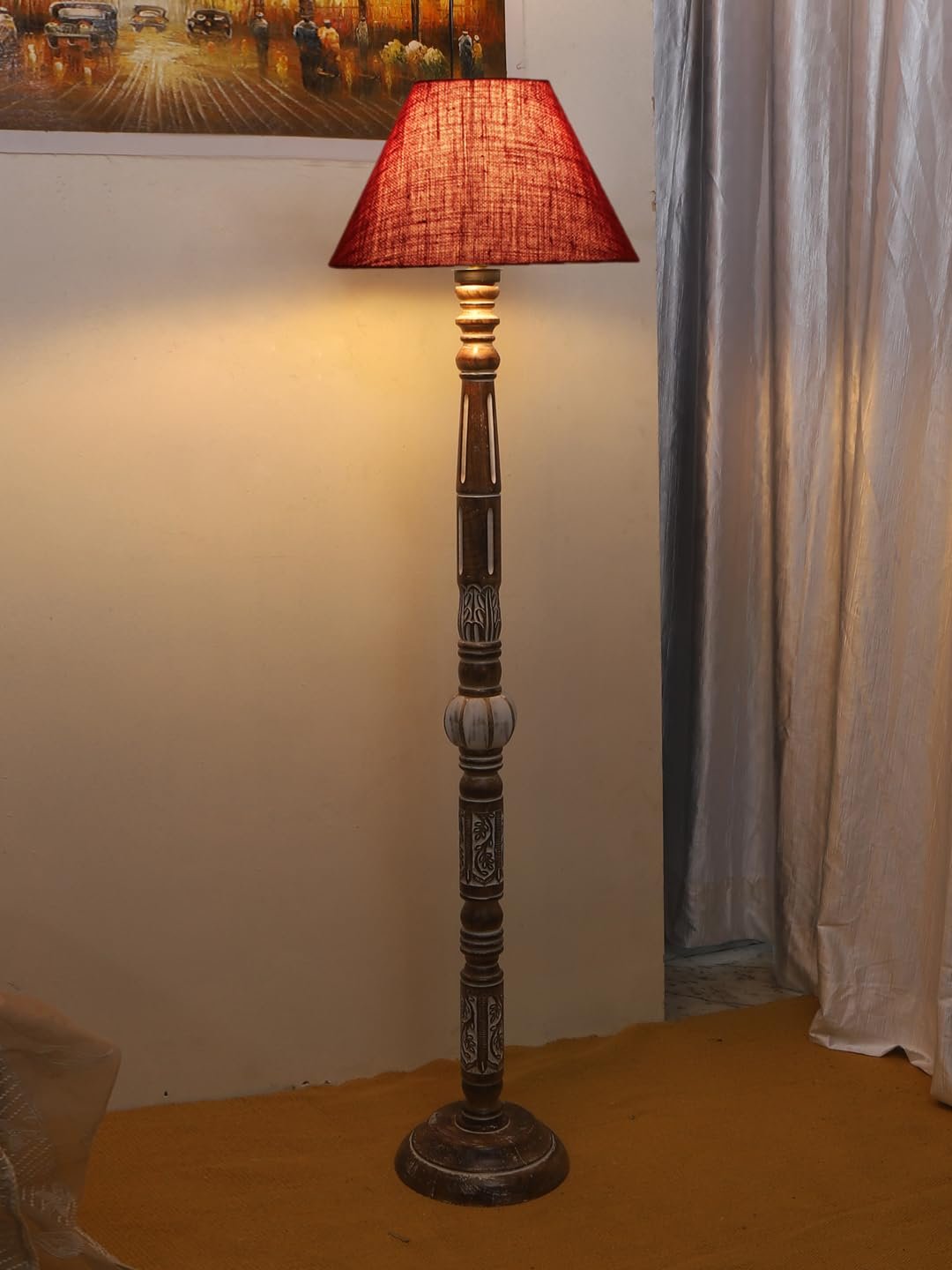Maroon Jute Conical Wooden Floor Lamp -30-(14x55.75inches)
