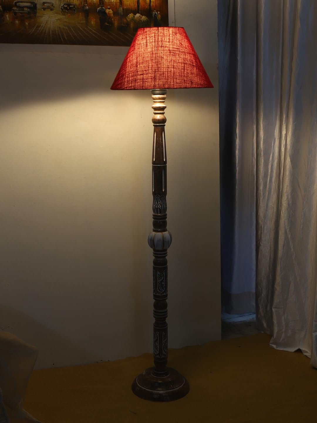 Maroon Jute Conical Wooden Floor Lamp -30-(14x55.75inches)