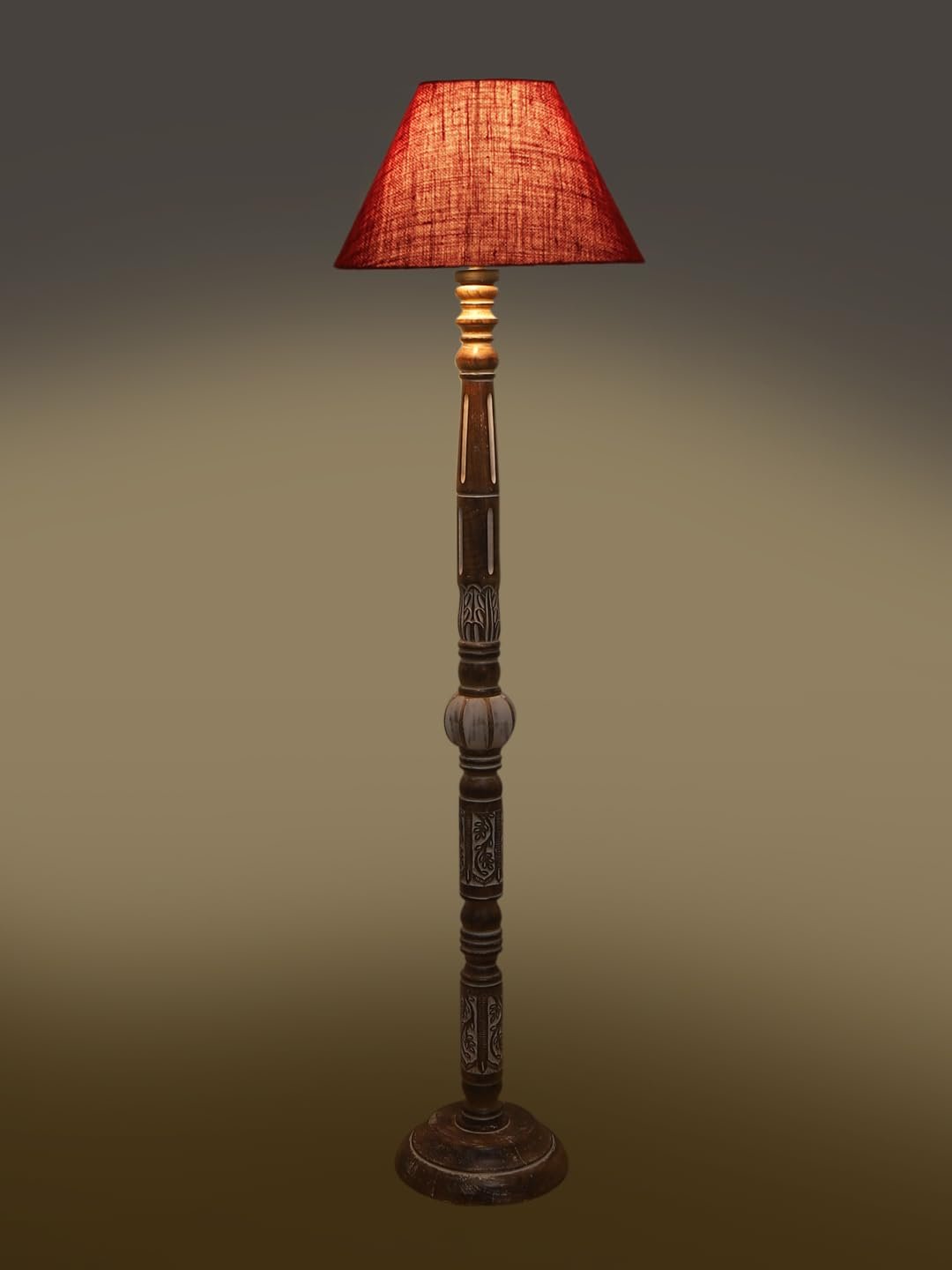 Maroon Jute Conical Wooden Floor Lamp -30-(14x55.75inches)