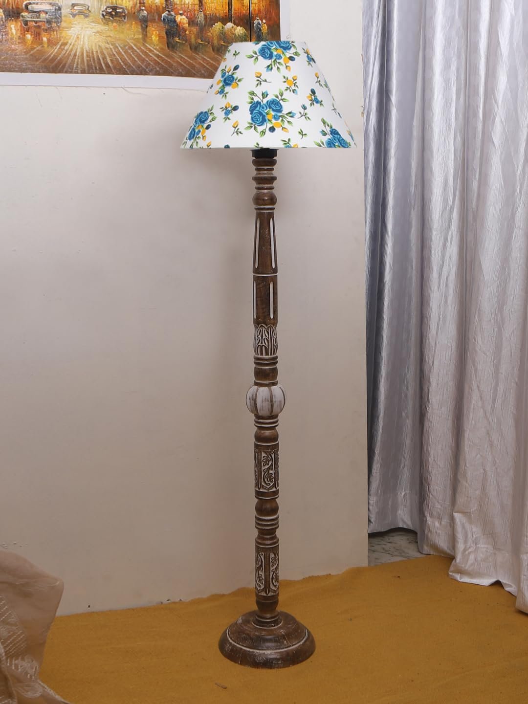 Printed Cotton Conical Wooden Floor Lamp -32-(14x55.75inches)