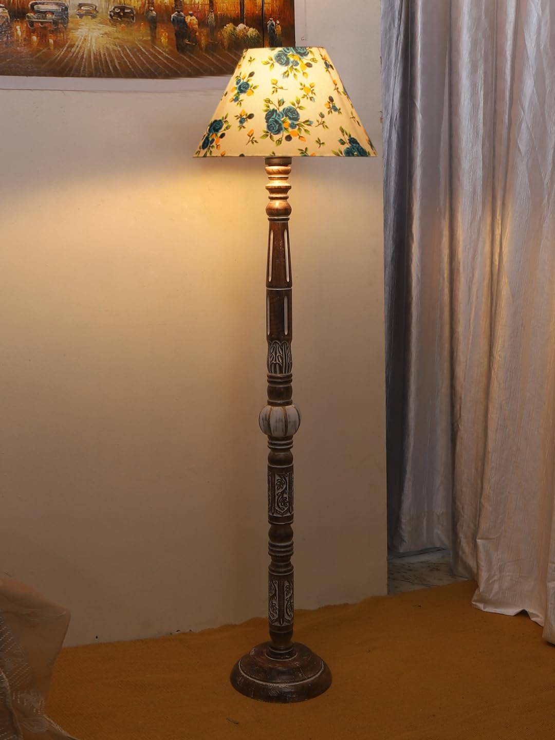 Printed Cotton Conical Wooden Floor Lamp -32-(14x55.75inches)