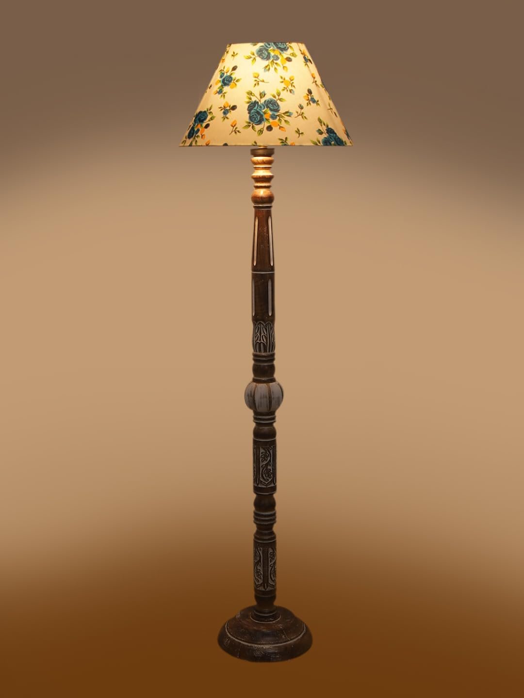 Printed Cotton Conical Wooden Floor Lamp -32-(14x55.75inches)