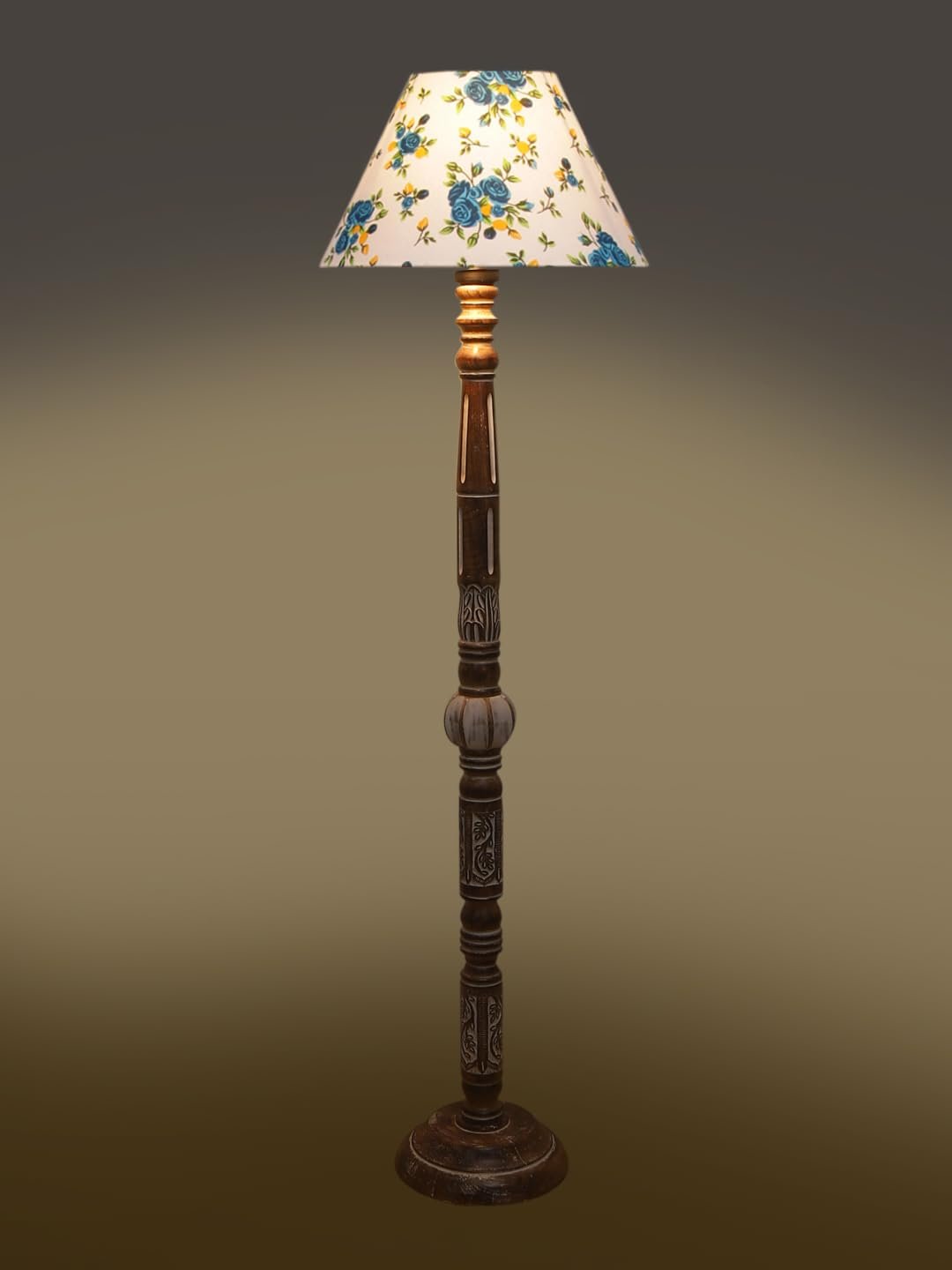 Printed Cotton Conical Wooden Floor Lamp -32-(14x55.75inches)