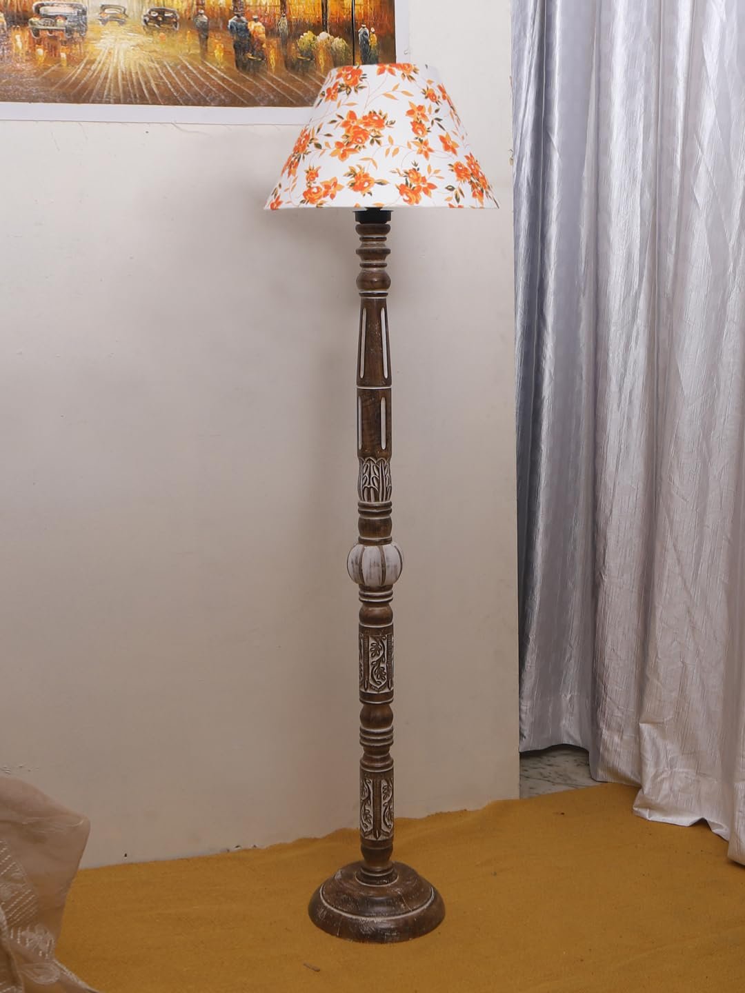 Printed Cotton Conical Wooden Floor Lamp -33-(14x55.75inches)