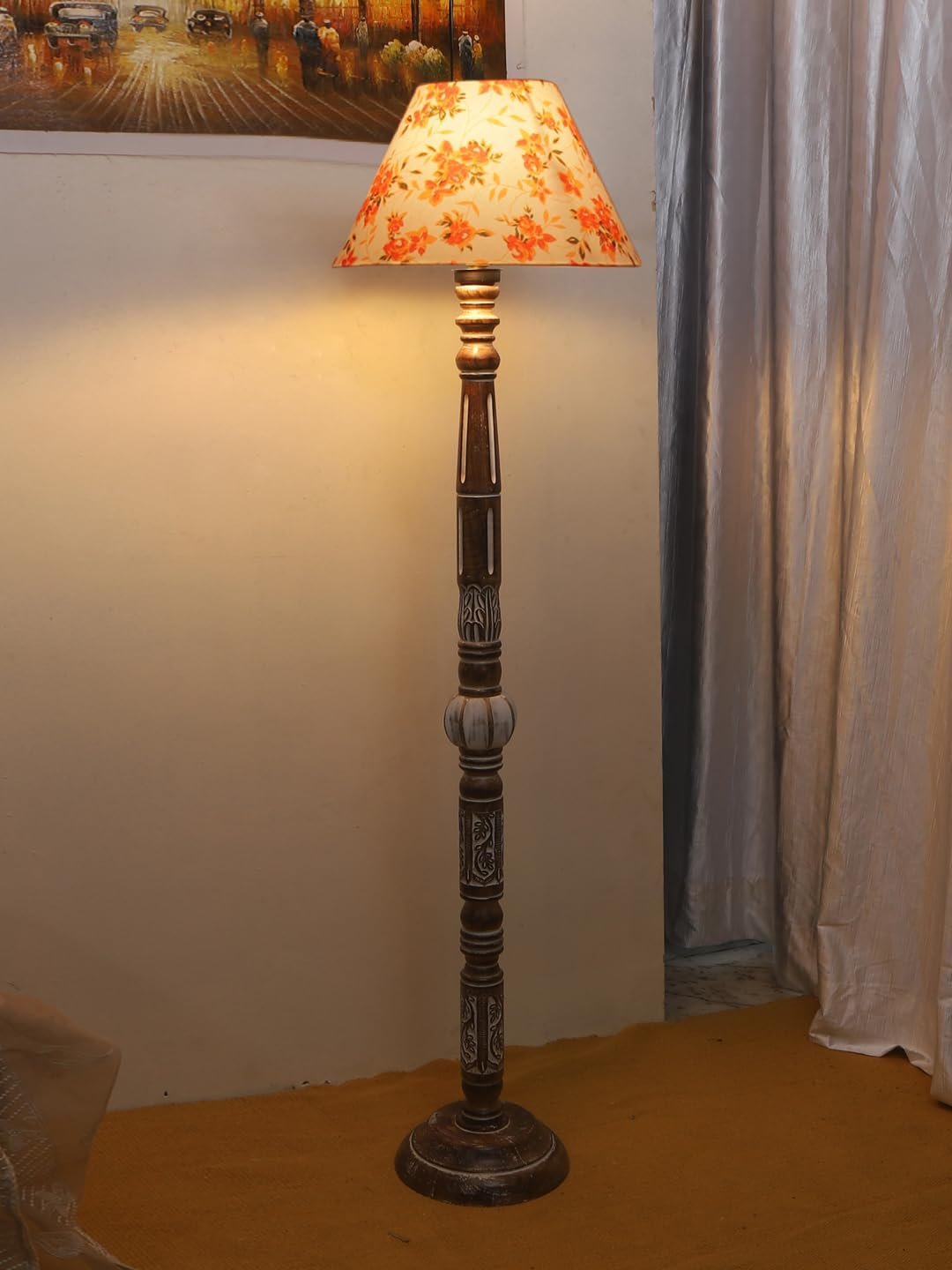 Printed Cotton Conical Wooden Floor Lamp -33-(14x55.75inches)