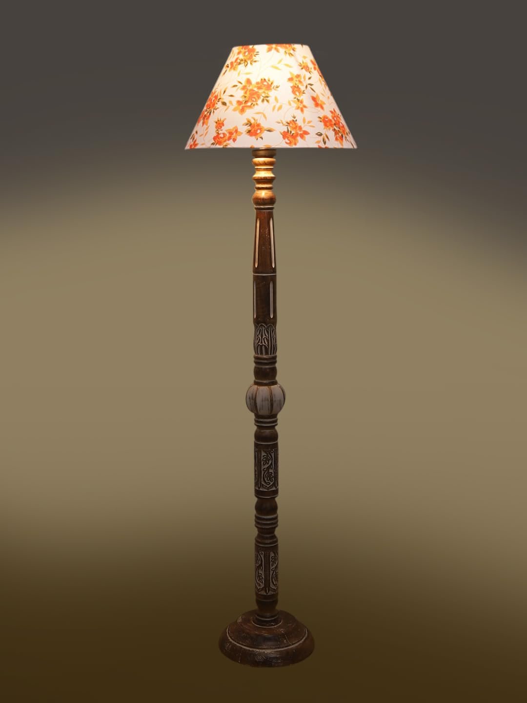 Printed Cotton Conical Wooden Floor Lamp -33-(14x55.75inches)