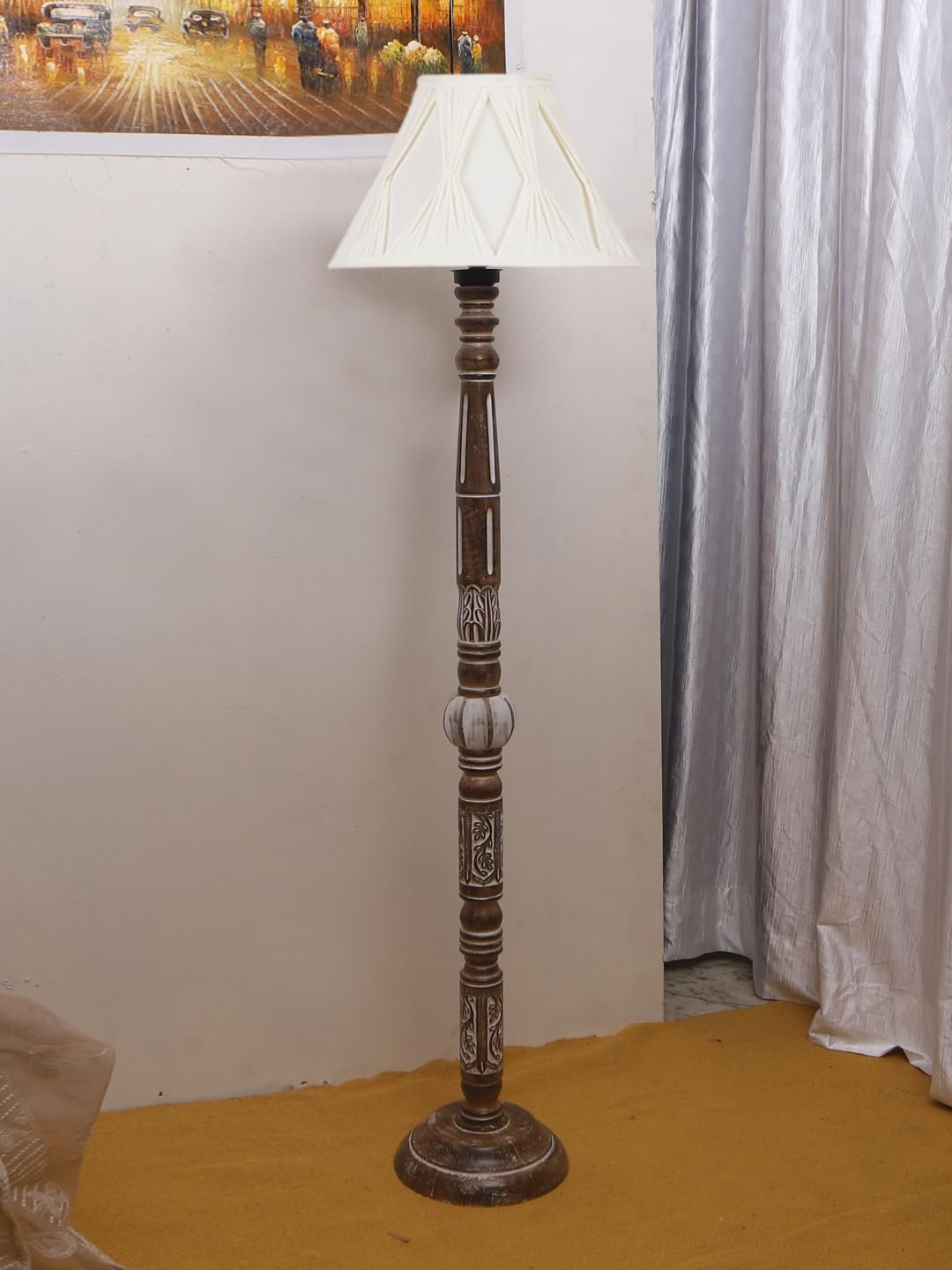 Vintage Cotton Curtain Pleated Shade Wood Floor Lamp -40(12x54.8inches)