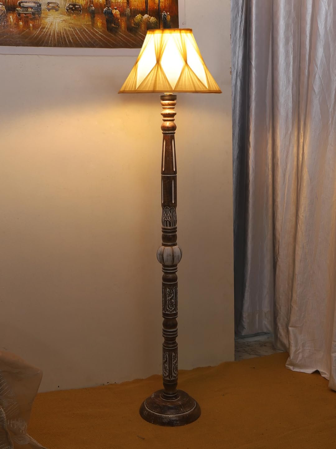 Vintage Cotton Curtain Pleated Shade Wood Floor Lamp -40(12x54.8inches)