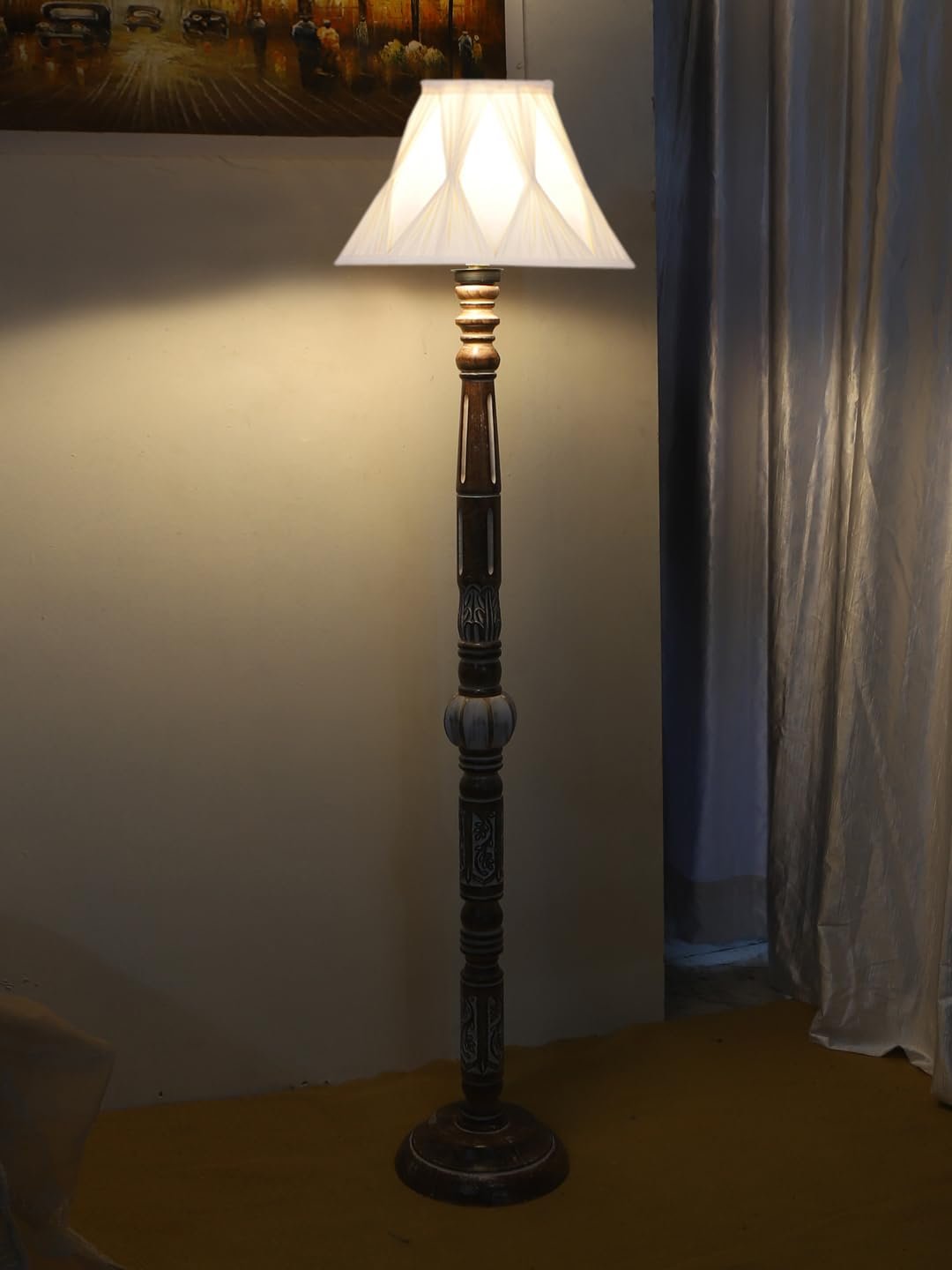 Vintage Cotton Curtain Pleated Shade Wood Floor Lamp -40(12x54.8inches)