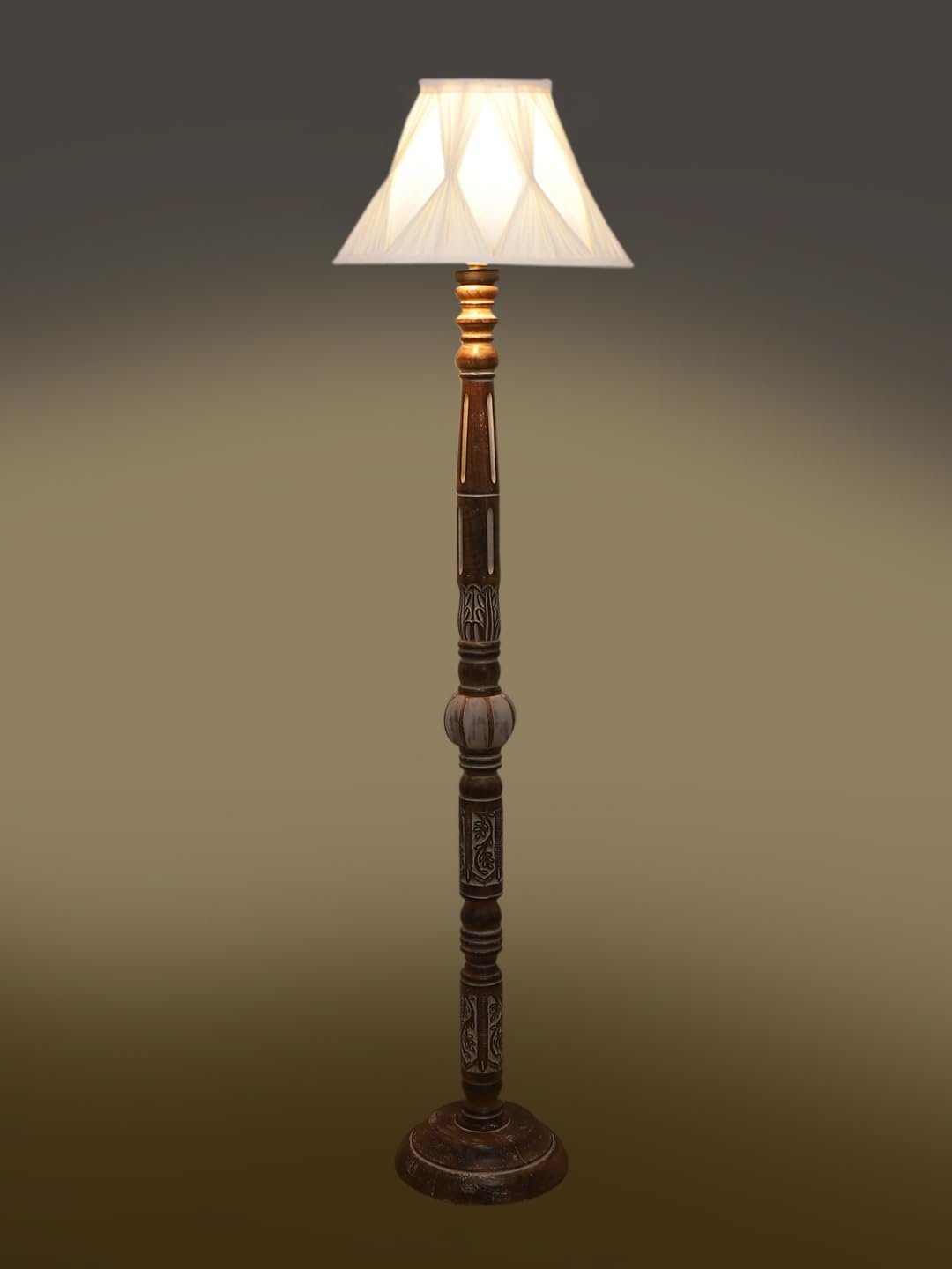 Vintage Cotton Curtain Pleated Shade Wood Floor Lamp -40(12x54.8inches)