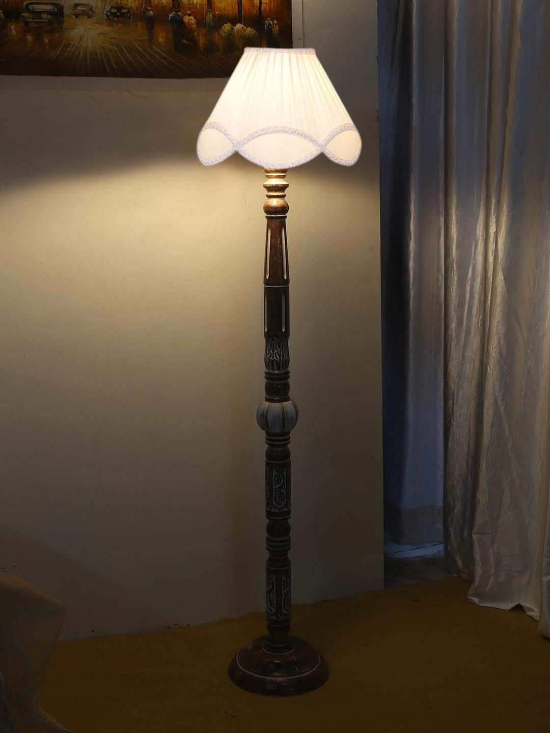 Vintage Cotton Shade Wood Floor Lamp -41-(12x54.8inches)