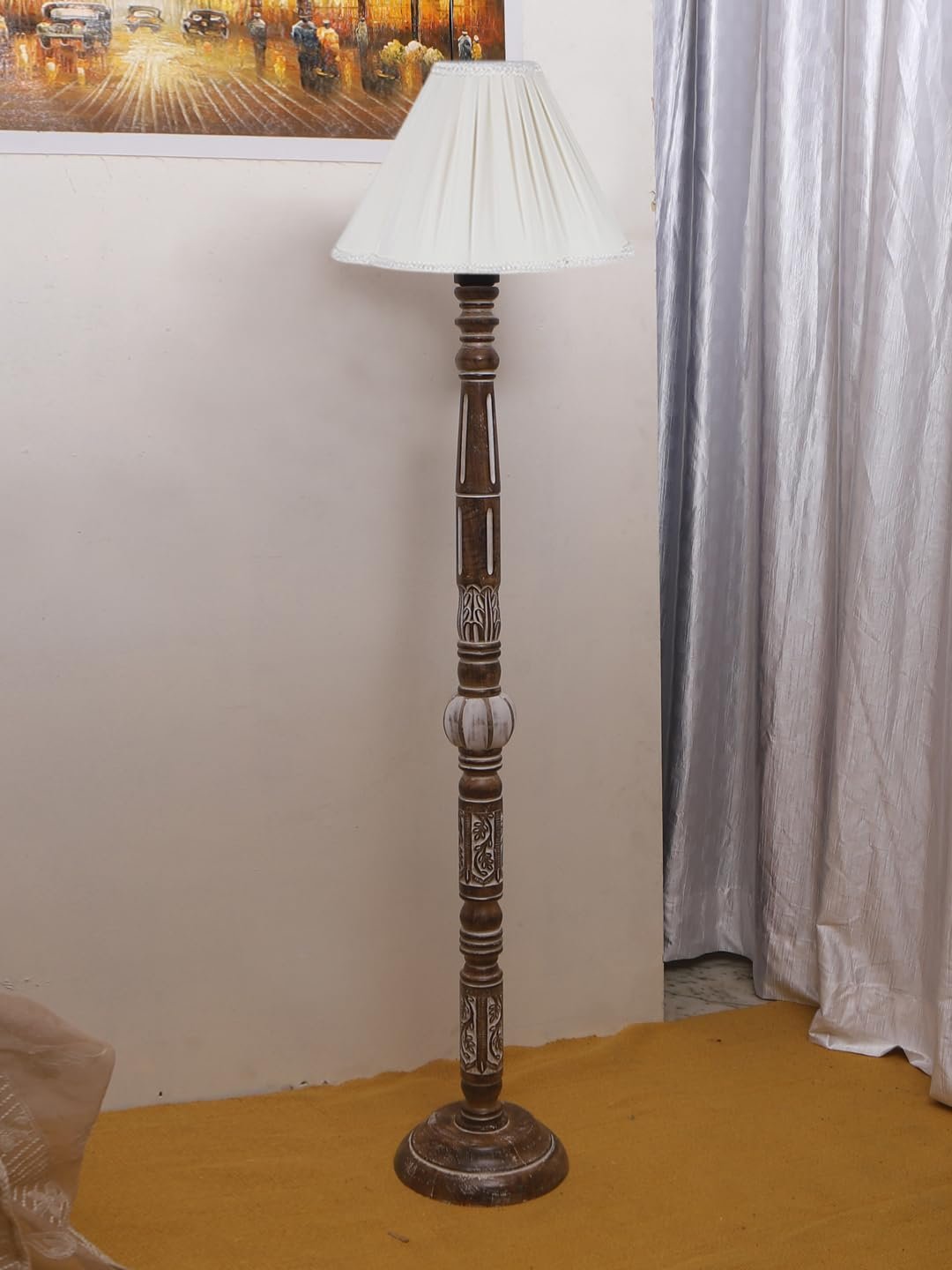 Vintage Cotton Shade Wood Floor Lamp -44-(12x53.75inches)
