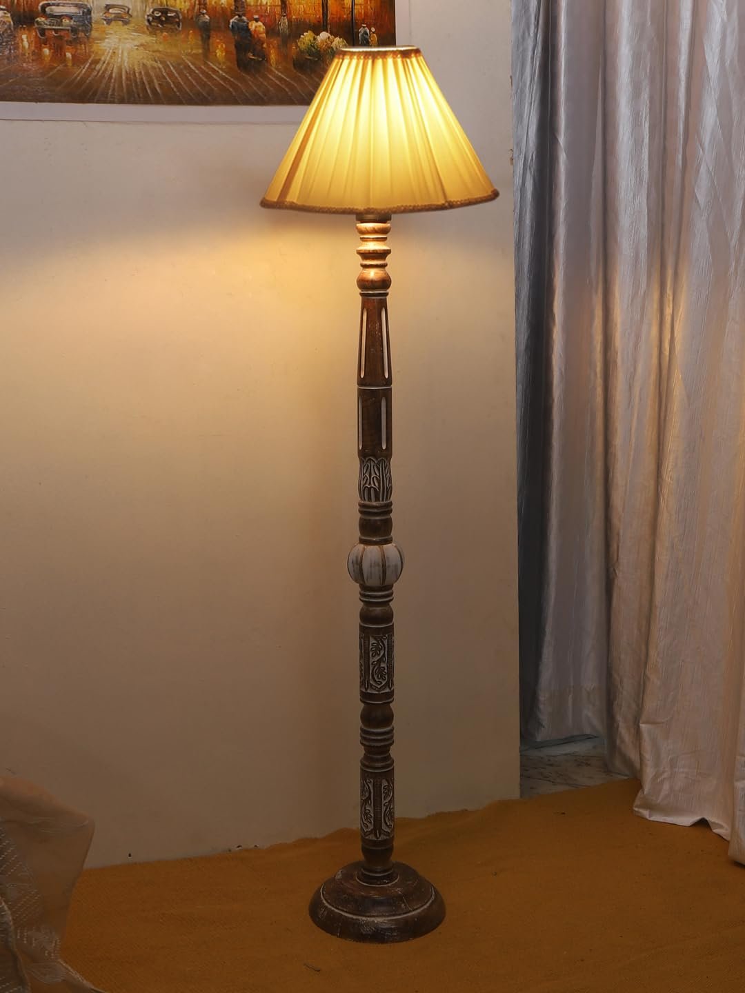Vintage Cotton Shade Wood Floor Lamp -44-(12x53.75inches)