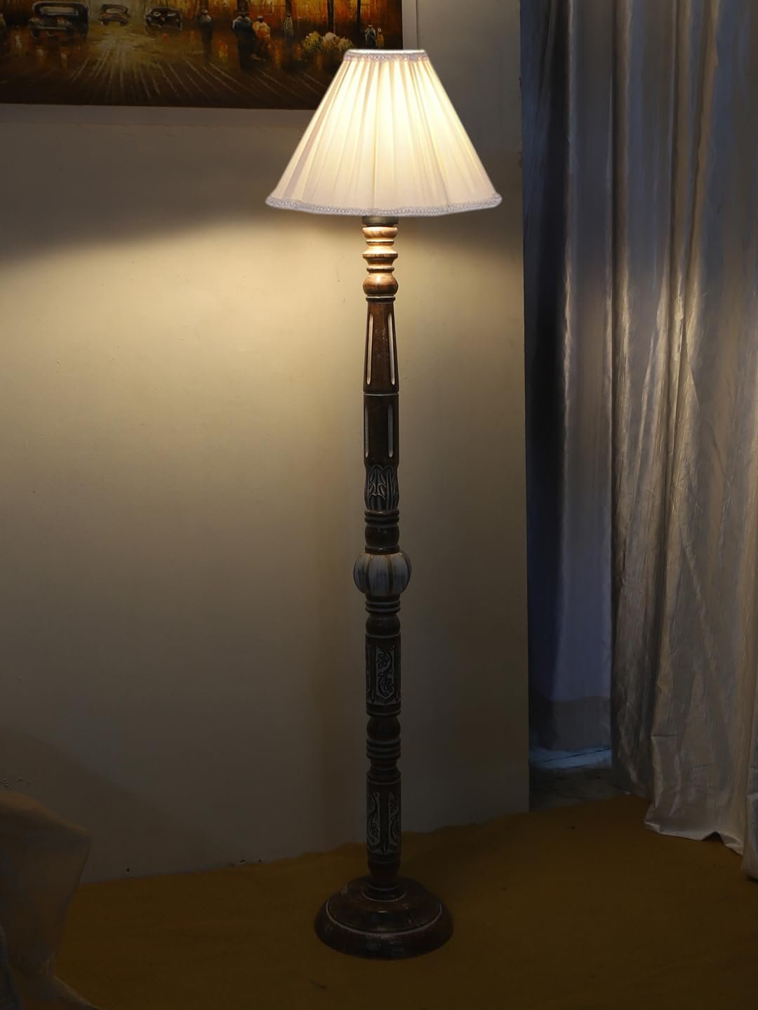Vintage Cotton Shade Wood Floor Lamp -44-(12x53.75inches)