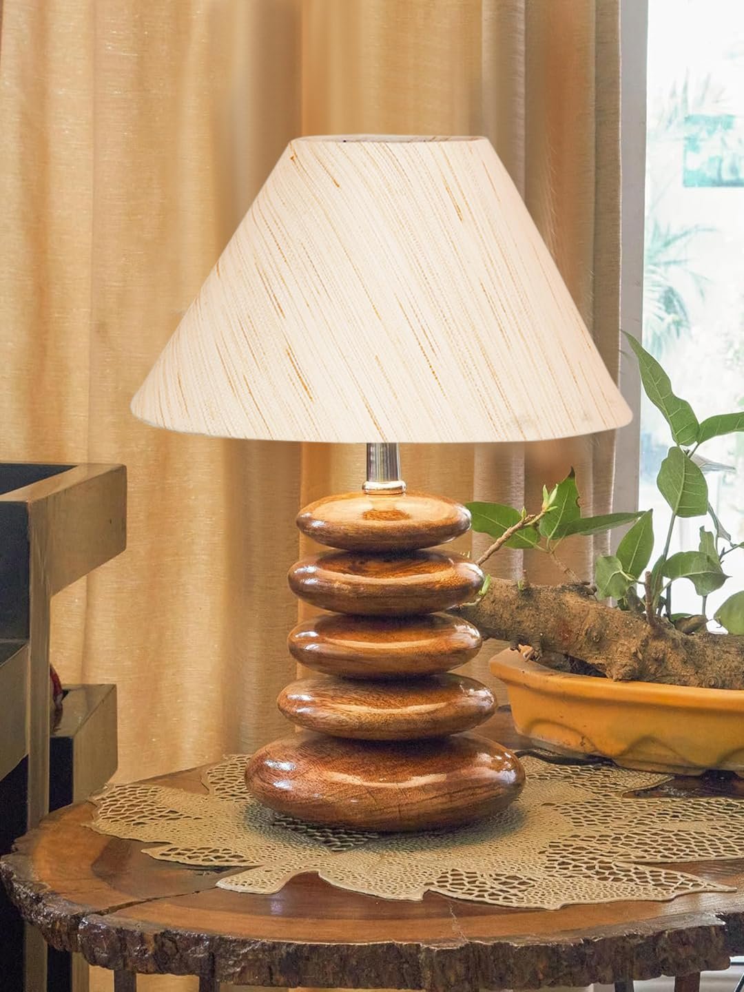 Upscale Table Lamp with Glass & Wooden Base | Elegant Night Light for Home & Room Decoration | Bedroom & Living Room Lighting | Multiple Designs - (offwhite)