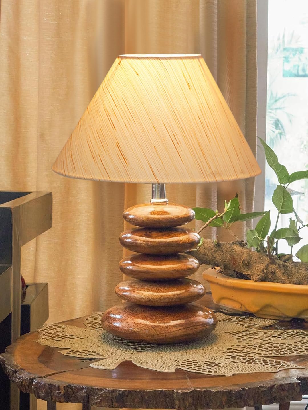 Upscale Table Lamp with Glass & Wooden Base | Elegant Night Light for Home & Room Decoration | Bedroom & Living Room Lighting | Multiple Designs - (offwhite)